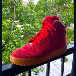 Red suede high top Air Force ones